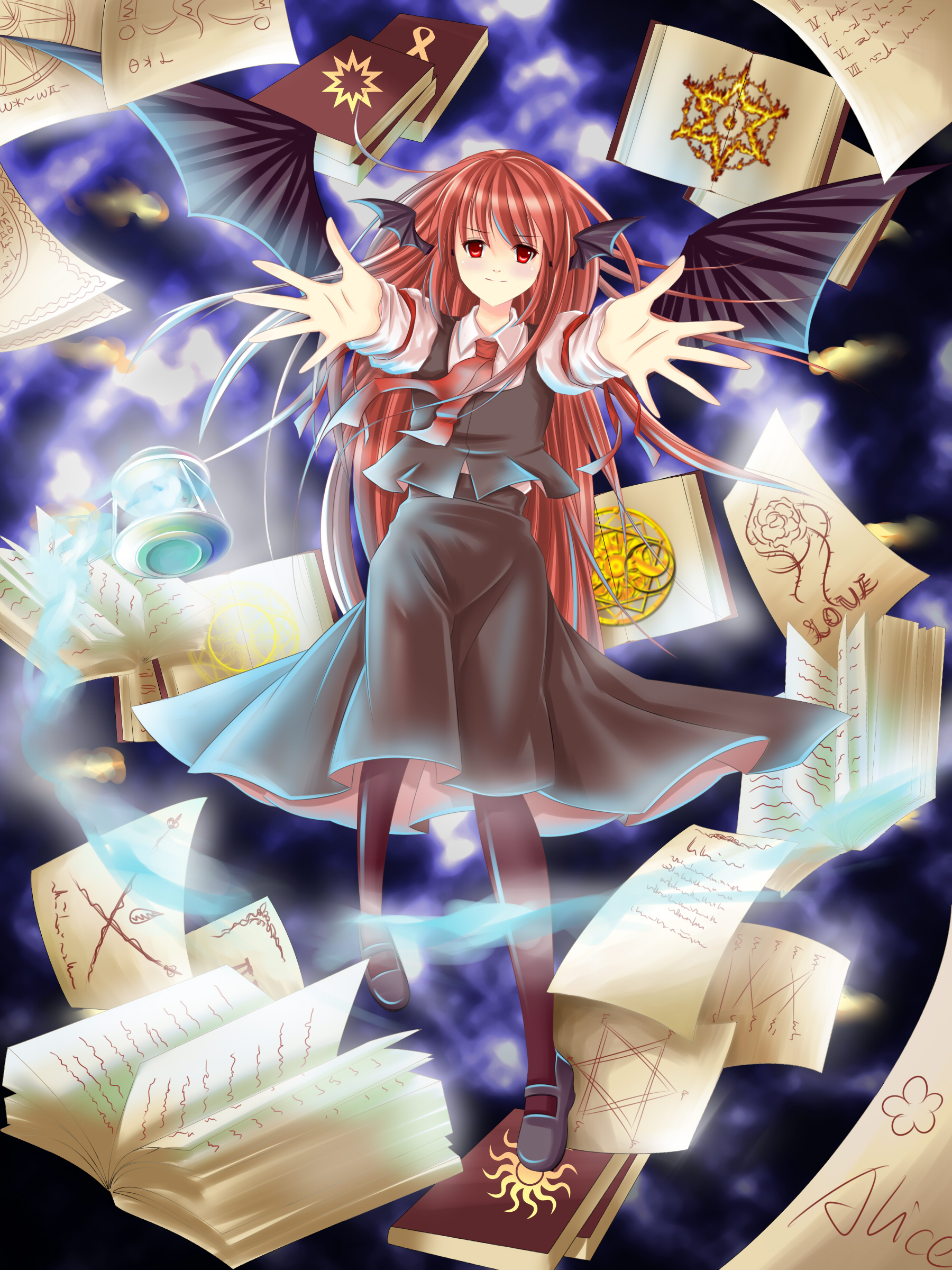 juuniya gekkatsuru, koakuma, embodiment of scarlet devil, touhou, absurdres, highres, 1girl, book, female focus, full body, head wings, long hair, red hair, solo, standing, wings