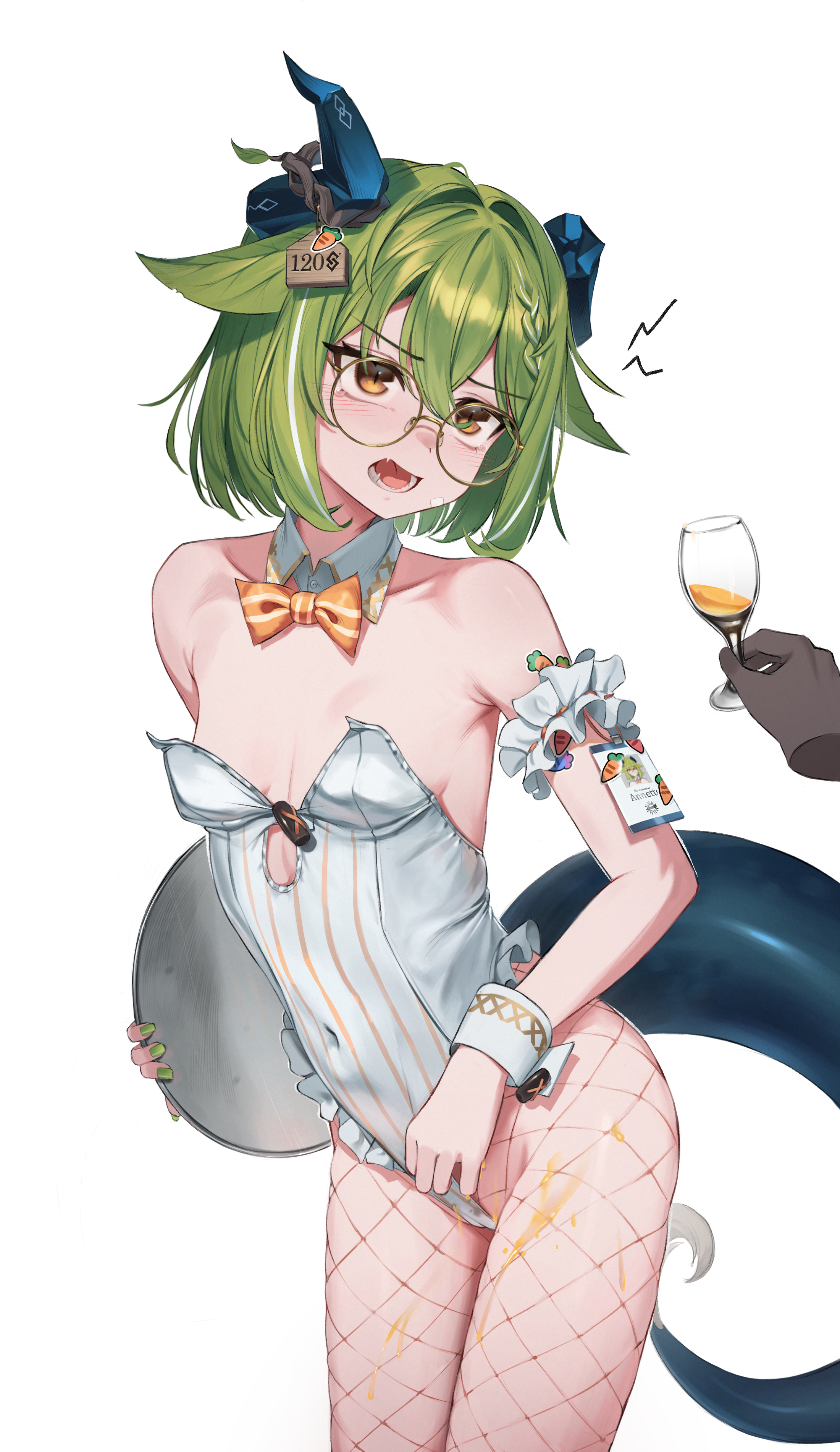 di le to, original, absurdres, commentary, highres, 1girl, annette runatail (di le to), arm garter, armpit crease, bare shoulders, bow, bowtie, braid, breasts, brown-framed eyewear, covered navel, cup, detached collar, disembodied hand, dragon horns, dragon tail, fang, fishnet pantyhose, fishnets, frilled leotard, frills, glasses, green hair, green nails, hair flaps, highleg, highleg leotard, holding, holding cup, holding tray, horns, id card, leotard, multicolored hair, nail polish, nontraditional playboy bunny, open mouth, pantyhose, short hair, simple background, small breasts, solo focus, strapless, strapless leotard, streaked hair, tail, tearing up, thighs, tray, white background, white leotard, wrist cuffs, yellow eyes