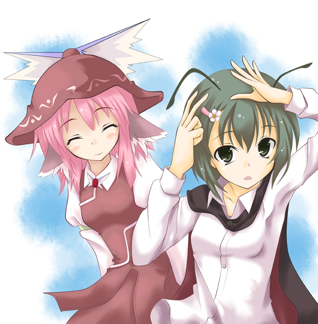ogami kazuki, mystia lorelei, wriggle nightbug, touhou, 2girls, antennae, cape, female focus, flower, green eyes, green hair, hair ornament, hairclip, hat, multiple girls, pink hair