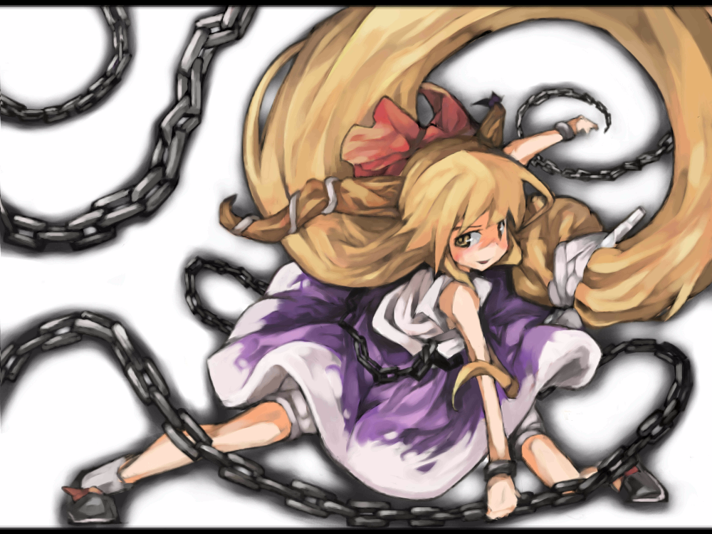 cusui, ibuki suika, touhou, 1girl, brown hair, chain, female focus, full body, horns, long hair, ribbon, solo, very long hair, white background