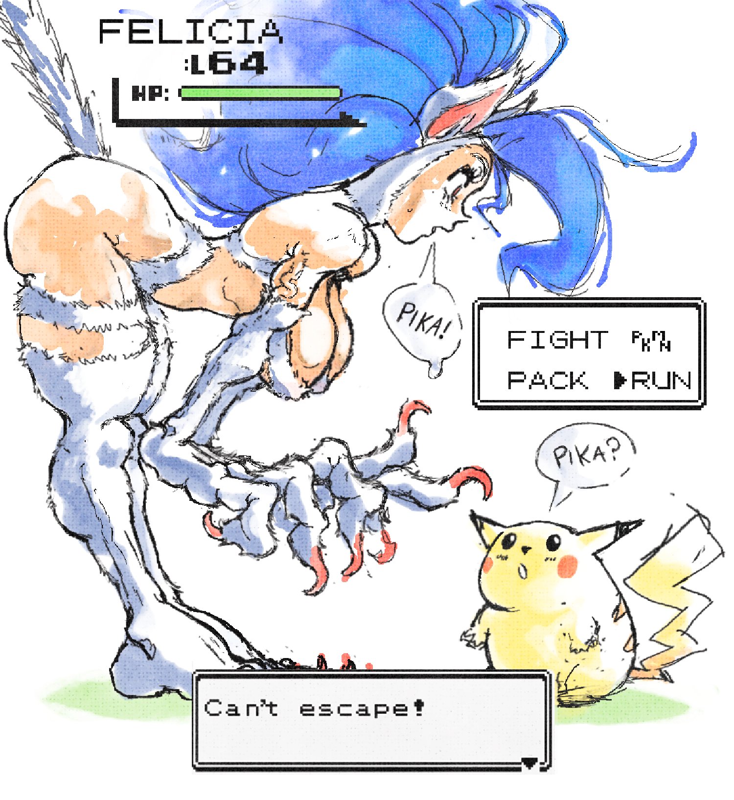 fillter, felicia (darkstalkers), pikachu, darkstalkers, nintendo, pokemon, pokemon rgby, 1girl, animal ears, animal hands, ass, bare shoulders, breasts, cat ears, cat tail, crossover, english text, from side, gen 1 pokemon, large breasts, long hair, tail, very long hair, white fur