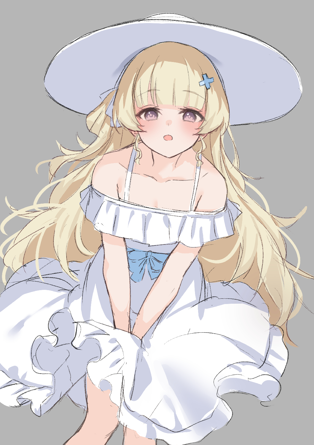 kuramoto beta-carotene, phoebe (wuthering waves), wuthering waves, commentary request, highres, 1girl, bare shoulders, blonde hair, blush, collarbone, dress, feet out of frame, grey background, hair ornament, hat, long dress, long hair, looking at viewer, open mouth, purple eyes, simple background, solo, very long hair, white dress, white hat, x hair ornament