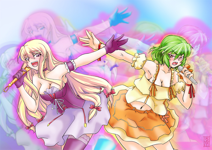 mokei, endou aya, kazami yuuka, ranka lee, sheryl nome, yakumo yukari, macross, macross frontier, touhou, lace-trimmed legwear, 2girls, angry, arm garter, bad anatomy, bad proportions, blonde hair, breasts, choker, cleavage, corset, cosplay, dress, female focus, gloves, green hair, lace, lace trim, leaning forward, long hair, medium breasts, microphone, midriff, multiple girls, open mouth, orange dress, parody, poorly drawn, purple eyes, purple thighhighs, ranka lee (cosplay), red eyes, ribbon, sheryl nome (cosplay), short hair, skirt, thighhighs, voice actor connection, zoom layer