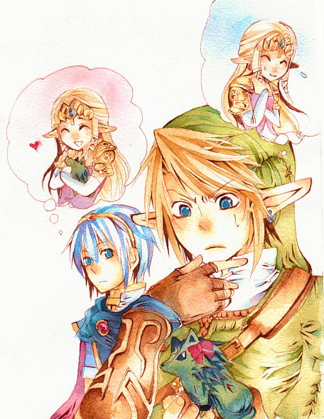 vient, link, marth (fire emblem), princess zelda, wolf link, fire emblem, fire emblem: mystery of the emblem, nintendo, super smash bros., the legend of zelda, the legend of zelda: twilight princess, 2boys, blonde hair, blue eyes, blue hair, gloves, heart, male focus, multiple boys, pointy ears, sweat, tears, thinking, tiara