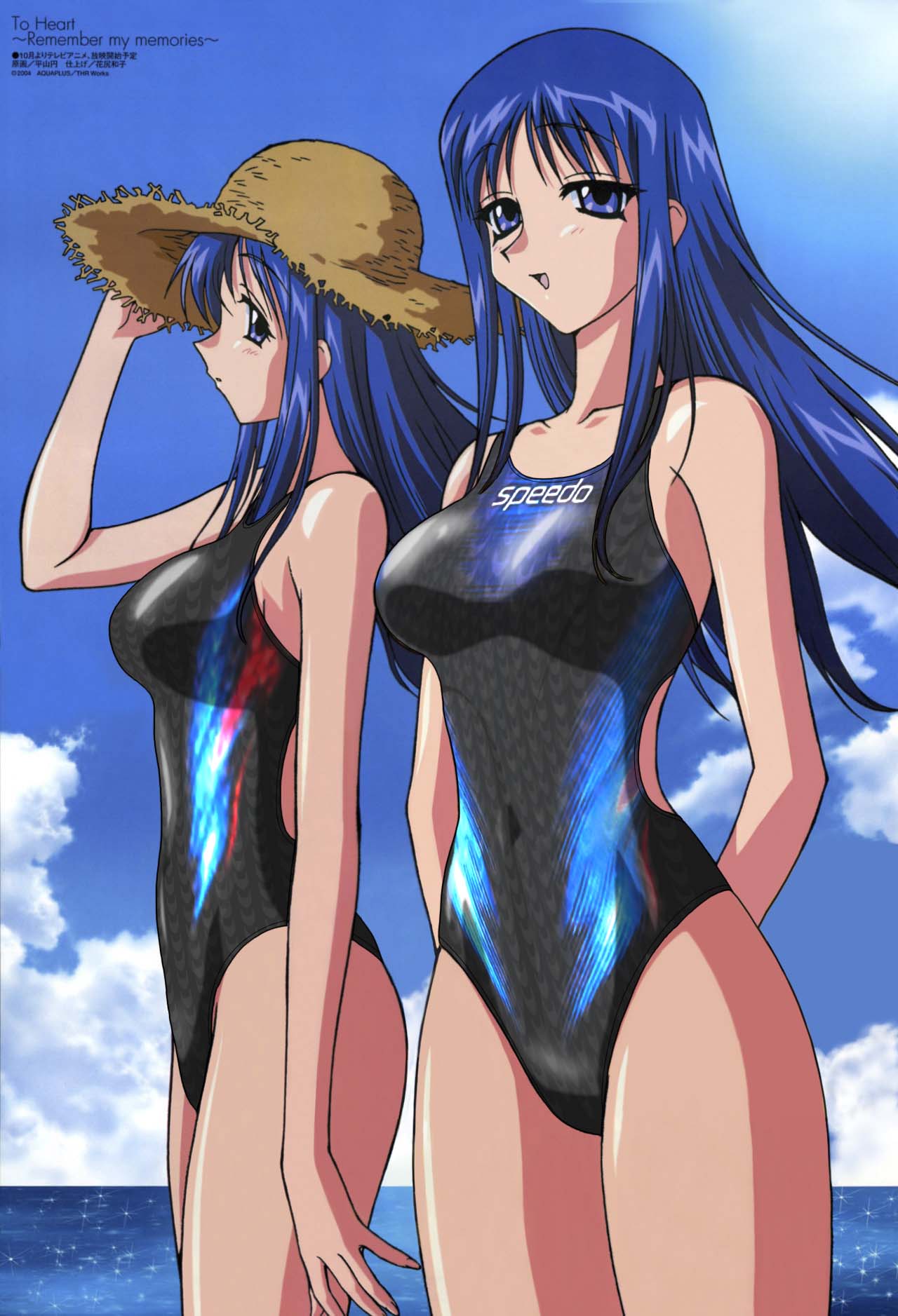 hirayama madoka, kurusugawa ayaka, kurusugawa serika, megami magazine, speedo (company), to heart, to heart (series), highres, jpeg artifacts, non-web source, scan, third-party edit, 2girls, :d, arm up, arms behind back, beach, black one-piece swimsuit, blue eyes, blue hair, blue sky, blush, breasts, clothes writing, clothing cutout, cloud, cloudy sky, competition swimsuit, covered navel, cowboy shot, day, from side, hand on headwear, hat, large breasts, long hair, looking at viewer, looking back, multiple girls, ocean, one-piece swimsuit, open mouth, outdoors, parted bangs, print swimsuit, profile, siblings, side cutout, sidelocks, sisters, sky, smile, sparkle, standing, straw hat, sun, swimsuit, twins, water