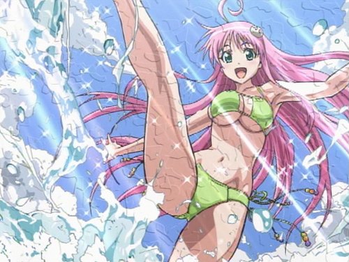 lala satalin deviluke, peke (to love-ru), to love-ru, anime screenshot, lowres, non-web source, 00s, 1girl, bikini, day, female focus, green eyes, high kick, kicking, long hair, pink hair, solo, splashing, swimsuit, water