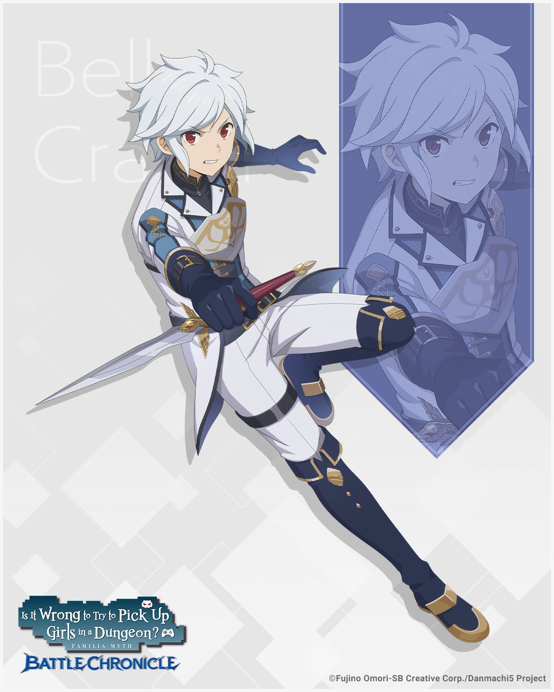 bell cranel, danmachi battle chronicle, dungeon ni deai wo motomeru no wa machigatteiru darou ka, commentary, english commentary, highres, official art, second-party source, 1boy, anime coloring, armor, blue boots, blue gloves, boots, breastplate, character name, clenched teeth, copyright name, copyright notice, dagger, full body, gloves, holding, holding dagger, holding knife, holding weapon, jacket, knife, looking at viewer, male focus, official alternate costume, pants, red eyes, serious, short hair, solo, teeth, thigh strap, weapon, white hair, white jacket, white pants