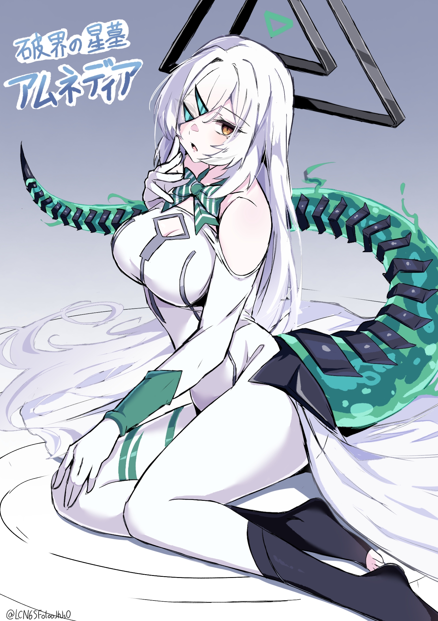 kobayashi macchan, monster strike, highres, 1girl, amnedia (monster strike), breasts, cleavage, elbow gloves, gloves, hair ornament, halo, long bangs, long hair, orange eyes, ribbon, sitting, solo, tail, white hair