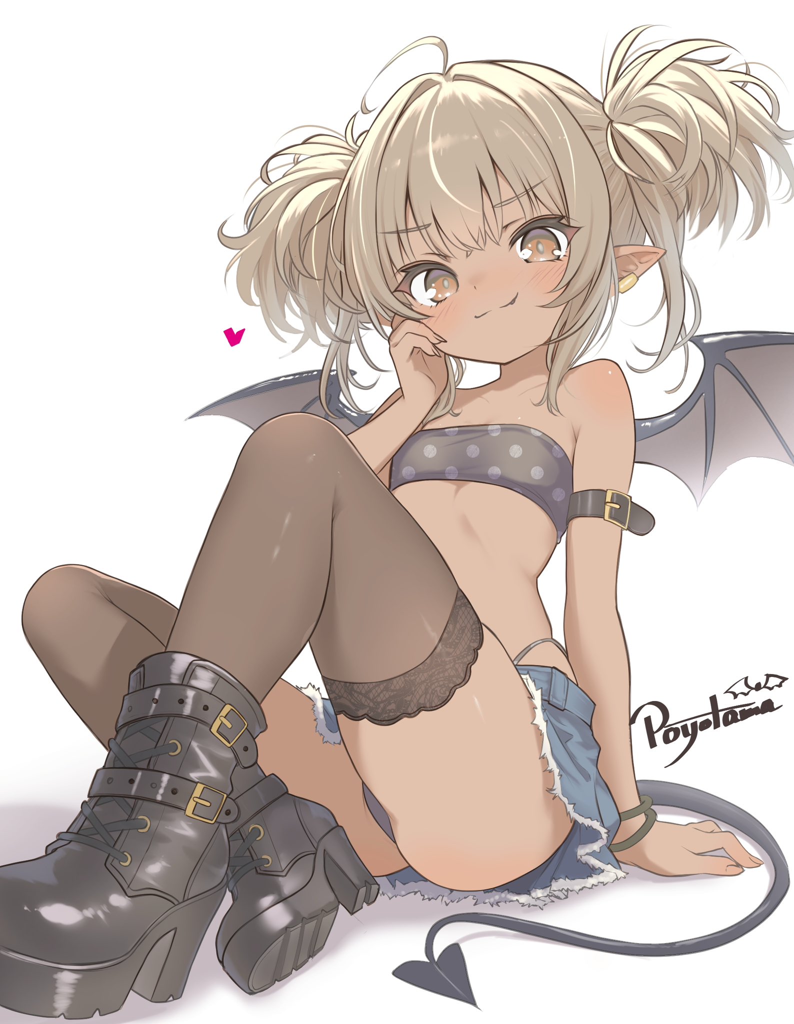 po yo ta ma, original, commentary request, highres, 1girl, ahoge, arm belt, armpit crease, bandeau, bare shoulders, belt, black bandeau, black belt, black boots, black tail, black thighhighs, black wings, blue skirt, boots, bracelet, brown eyes, brown hair, closed mouth, dark-skinned female, dark skin, demon girl, demon tail, demon wings, flat chest, full body, hand on own cheek, hand on own face, jewelry, looking at viewer, medium hair, panty straps, pointy ears, sitting, skirt, smile, solo, tail, thighhighs, twintails, wings