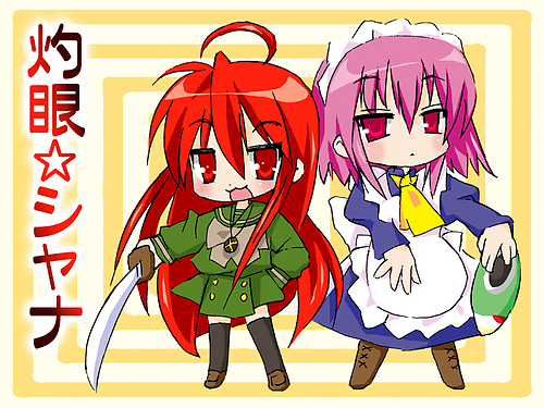 alastor (shakugan no shana), shana, wilhelmina carmel, keroro gunsou, lucky star, shakugan no shana, lowres, non-web source, 2girls, jewelry, long hair, maid, mask, multiple girls, parody, pendant, pink hair, purple eyes, red eyes, red hair, school uniform, serafuku, short hair, sword, thighhighs, weapon