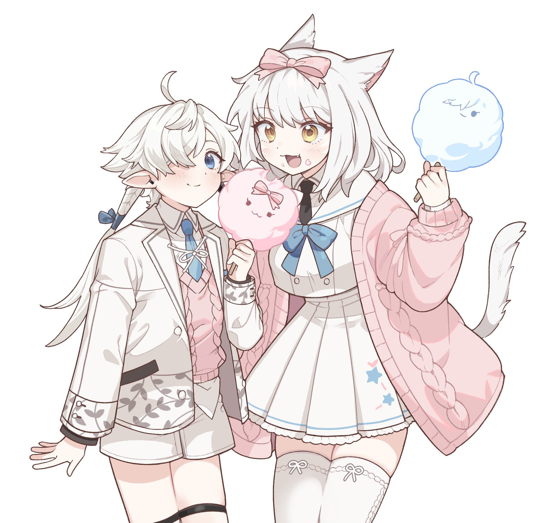 alphinaud leveilleur, warrior of light (ff14), final fantasy, final fantasy xiv, highres, 1boy, 1girl, ahoge, androgynous, animal ears, blue bow, blue bowtie, blue eyes, blue necktie, bow, bowtie, cable knit, cardigan, cat ears, cat girl, cat tail, cotton candy, cowboy shot, elezen, elf, fang, food, food on face, hair bow, hair over one eye, hair ribbon, holding, holding cotton candy, holding food, iiinarulil, jacket, long hair, miqo'te, necktie, one eye covered, open mouth, pink cardigan, pointy ears, ribbon, school uniform, serafuku, shorts, simple background, skirt, smile, standing, tail, thighhighs, white background, white hair, white jacket, white shorts, white skirt, white thighhighs, yellow eyes