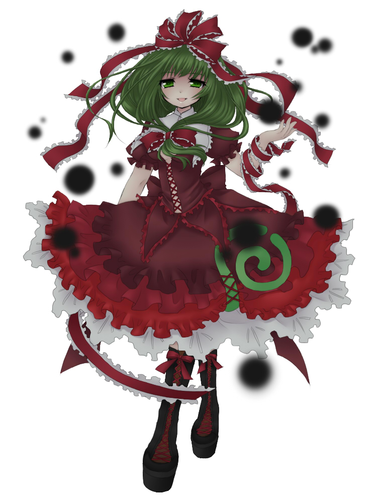 jako, jyako, kagiyama hina, touhou, bad id, bad pixiv id, 1girl, arm ribbon, boots, bow, darkness, dress, female focus, front ponytail, green eyes, green hair, hair bow, hair ribbon, lace-up boots, long hair, matching hair/eyes, open mouth, ribbon, smile, solo