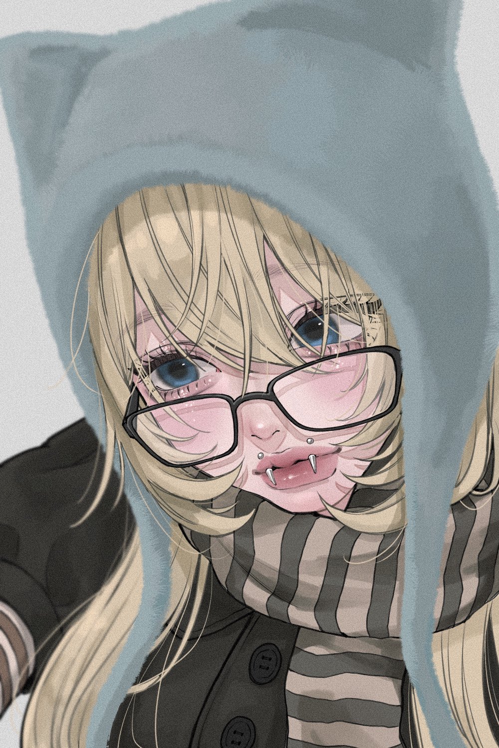 tamori (tamori www), original, highres, 1girl, aegyo sal, animal hat, beanie, black-framed eyewear, black jacket, blonde hair, blue eyes, blurry, buttons, cat hat, close-up, closed mouth, depth of field, double-parted bangs, earflap beanie, eyelashes, face piercing, film grain, glasses, grey background, hair over breasts, hat, jacket, lip piercing, long hair, looking to the side, piercing, puffy short sleeves, puffy sleeves, scarf, short-sleeved jacket, short sleeves, striped clothes, striped scarf, striped sleeves, thick lips