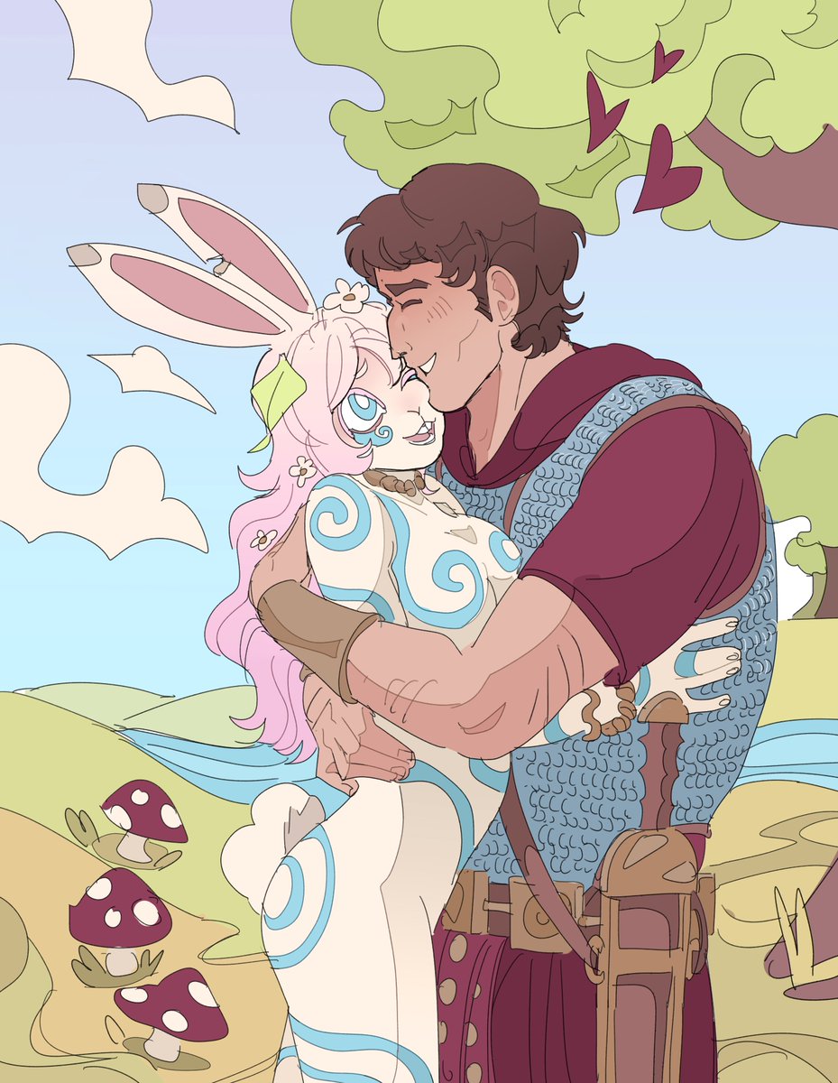 toffee 32, original, highres, 1boy, 1girl, animal ears, armor, blue eyes, blue sky, blush, breasts, brown hair, chainmail, cloud, hand on another's back, hand on another's hip, hug, long hair, medium breasts, mushroom, nude, open mouth, outdoors, pink hair, rabbit ears, rabbit girl, roman empire, short hair, sky, soldier, spiral tattoo, teeth