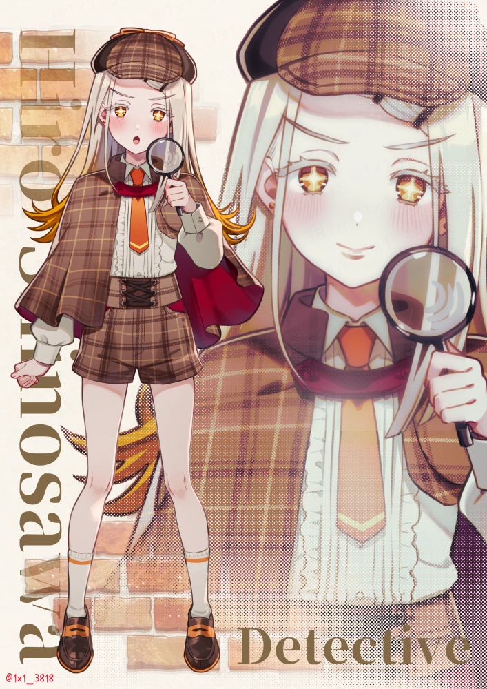 shinima, shinosawa hiro, gakuen idolmaster, idolmaster, commentary request, + +, 1girl, black shoes, blonde hair, blush, brick wall, capelet, center frills, character name, clenched hand, closed mouth, collared shirt, colored eyelashes, corset, deerstalker, detective, earrings, frilled shirt, frills, full body, hand up, hat, holding, holding magnifying glass, jewelry, loafers, long hair, long sleeves, magnifying glass, multiple expressions, necktie, open mouth, orange eyes, orange hair, orange necktie, plaid capelet, plaid clothes, plaid corset, plaid shorts, puffy sleeves, shirt, shoes, shorts, socks, solo, stud earrings, twitter username, white socks, zoom layer