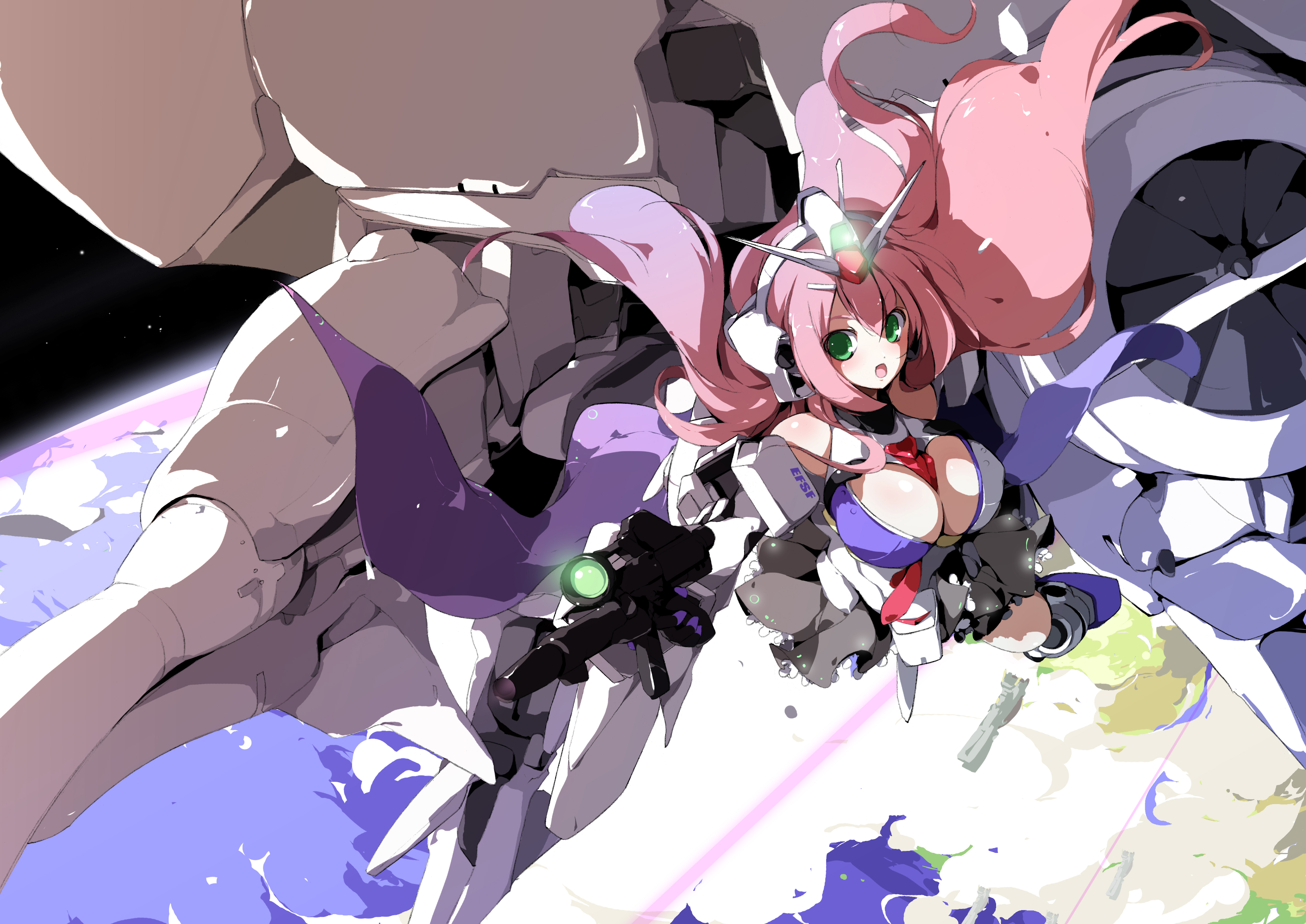 sakura sora, dendrobium schema, gundam gp-03 stamen, gundam, gundam 0083, absurdres, bad id, bad pixiv id, highres, 1990s (style), 1girl, breasts, female focus, floating hair, flying, green eyes, gun, large breasts, long hair, mecha, mecha musume, pink hair, retro artstyle, rifle, robot, solo, space, weapon