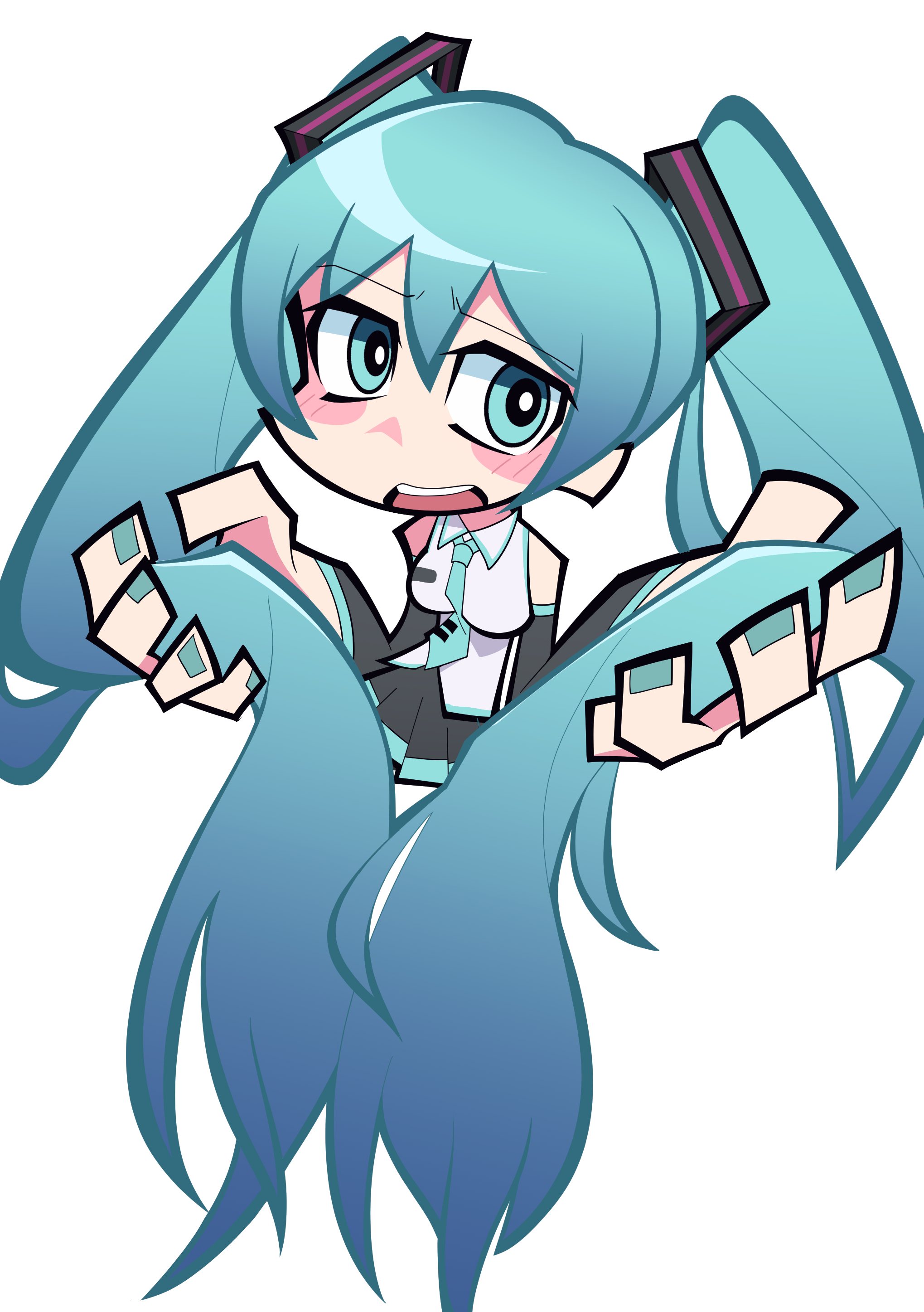 okitya, hatsune miku, vocaloid, absurdres, commentary, english commentary, highres, 1girl, aqua eyes, aqua hair, black skirt, black sleeves, blush stickers, breasts, cropped torso, detached sleeves, gradient hair, hair between eyes, hair ornament, holding, holding own hair, long hair, looking at viewer, multicolored hair, necktie, open mouth, panty & stocking with garterbelt (style), simple background, skirt, sleeveless, solo, twintails, very long hair, white background