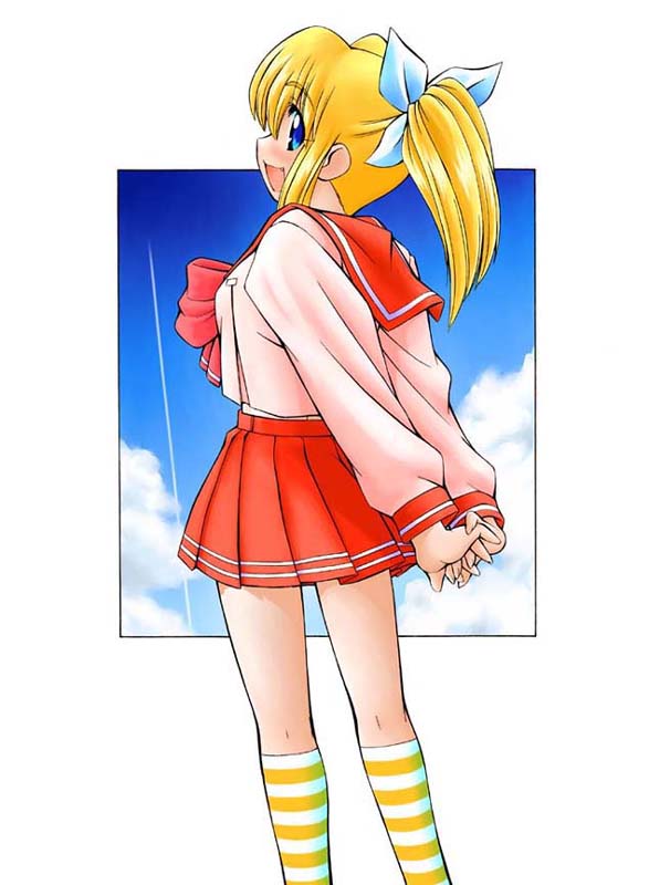 nakajima rei, miyauchi lemmy, to heart, to heart (series), jpeg artifacts, 1girl, blonde hair, blue eyes, cloud, female focus, long hair, looking back, outdoors, ponytail, school uniform, serafuku, sky, socks, solo, standing, striped clothes, striped socks