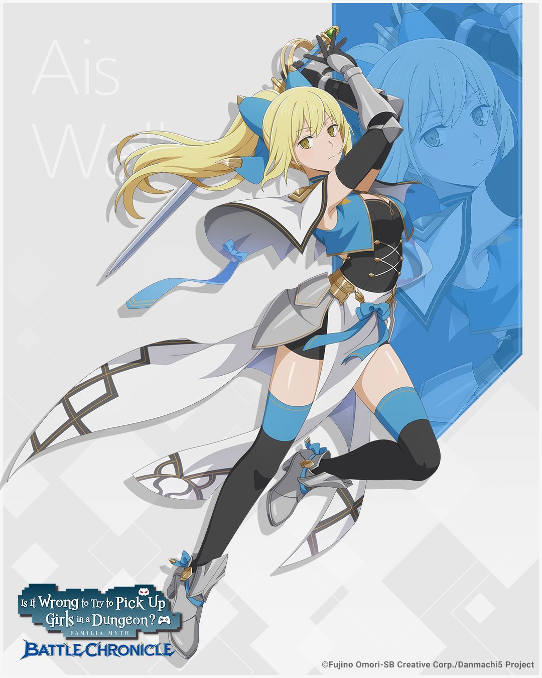 aiz wallenstein, danmachi battle chronicle, dungeon ni deai wo motomeru no wa machigatteiru darou ka, commentary, english commentary, highres, official art, second-party source, 1girl, anime coloring, armor, armored shoes, arms up, black dress, black gloves, black thighhighs, blonde hair, blue bow, blue jacket, blue ribbon, bow, breasts, capelet, character name, closed mouth, copyright name, copyright notice, couter, cropped jacket, dress, elbow gloves, faulds, full body, gloves, grey shoes, hair ribbon, holding, holding sword, holding weapon, jacket, long hair, looking at viewer, medium breasts, open clothes, open jacket, pelvic curtain, ponytail, ribbon, shoes, sleeveless, sleeveless jacket, solo, sword, thighhighs, vambraces, weapon, white capelet, yellow eyes