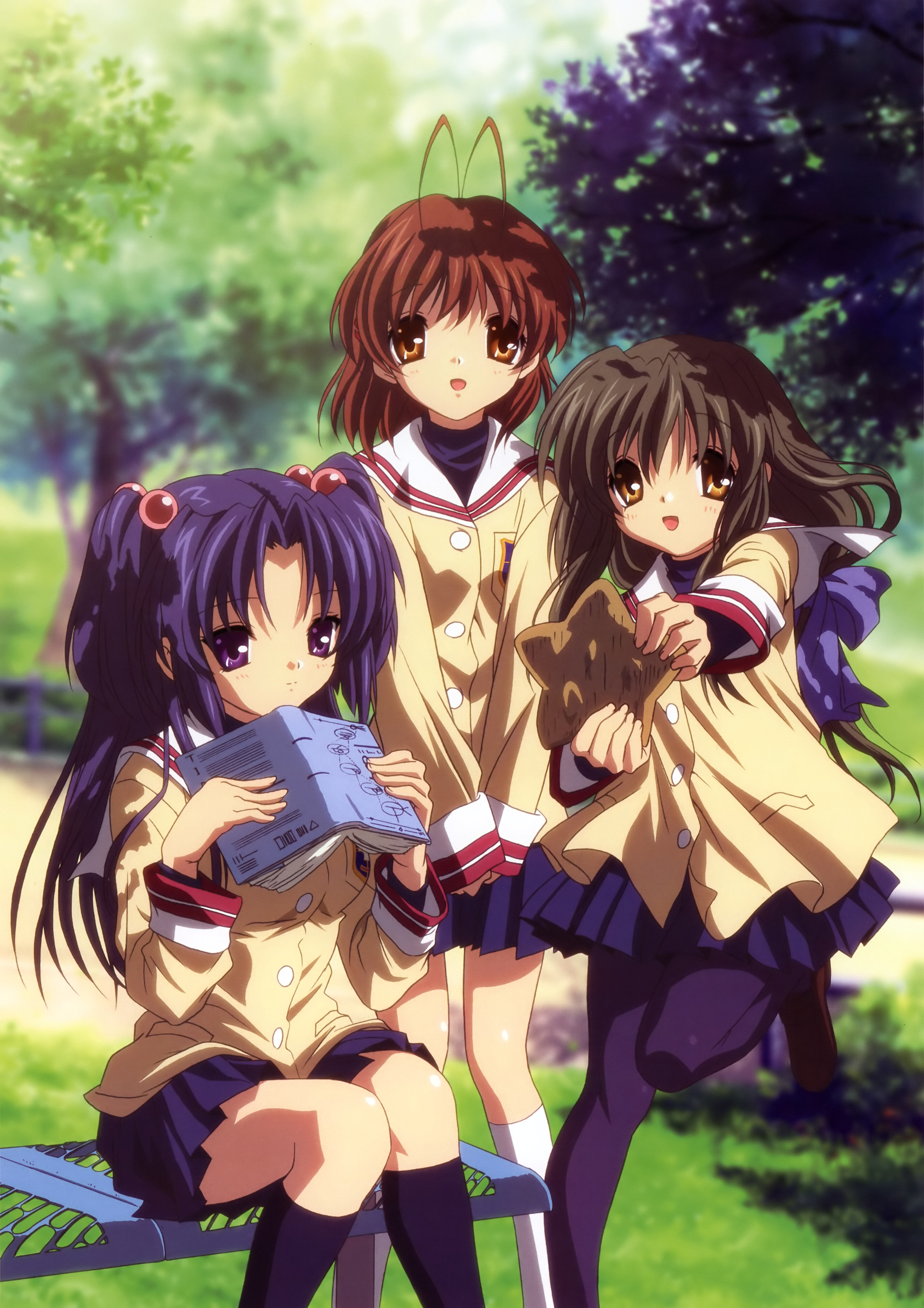 furukawa nagisa, ibuki fuuko, ichinose kotomi, clannad, absurdres, highres, non-web source, official art, 00s, 3girls, :d, antenna hair, blue hair, book, bow, brown eyes, brown hair, hair bobbles, hair ornament, kneehighs, long hair, multiple girls, open mouth, pantyhose, purple eyes, ribbon, school uniform, serafuku, short hair, smile, socks, starfish, two side up
