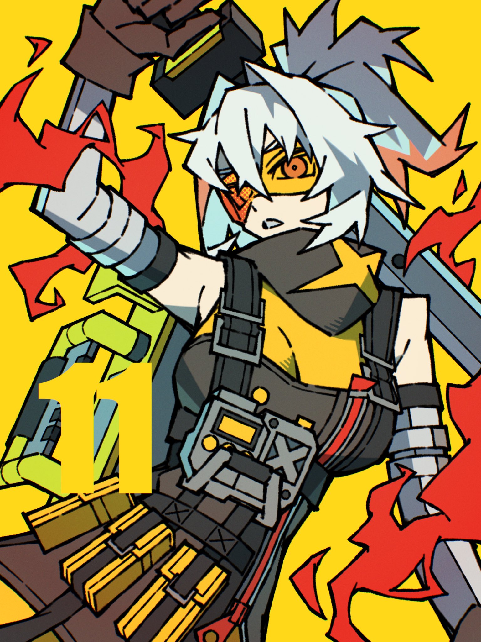zito (zito222), soldier 11 (zenless zone zero), zenless zone zero, highres, 1girl, ammunition pouch, arm up, backpack, bag, bare shoulders, brown gloves, detached sleeves, fire, gloves, goggles, grey sleeves, holding, holding sword, holding weapon, orange-tinted eyewear, orange eyes, pouch, shirt, sleeveless, sleeveless jacket, solo, sword, teeth, tinted eyewear, weapon, white hair, yellow-tinted eyewear, yellow background, yellow shirt, zipper, zipper pull tab