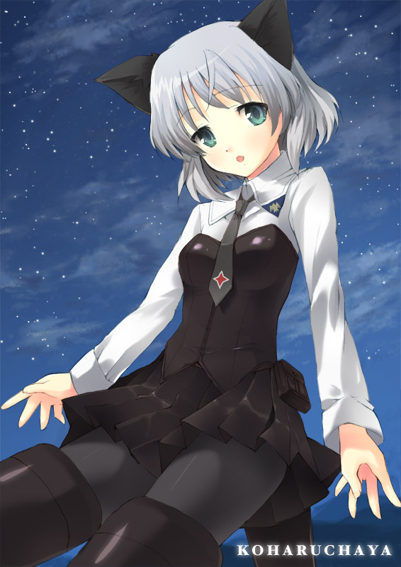 kimishima ao, sanya v. litvyak, strike witches, world witches series, silver hair, bad id, bad pixiv id, 00s, 1girl, animal ears, black pantyhose, cat ears, cat tail, female focus, green eyes, necktie, pantyhose, short hair, solo, star (symbol), tail