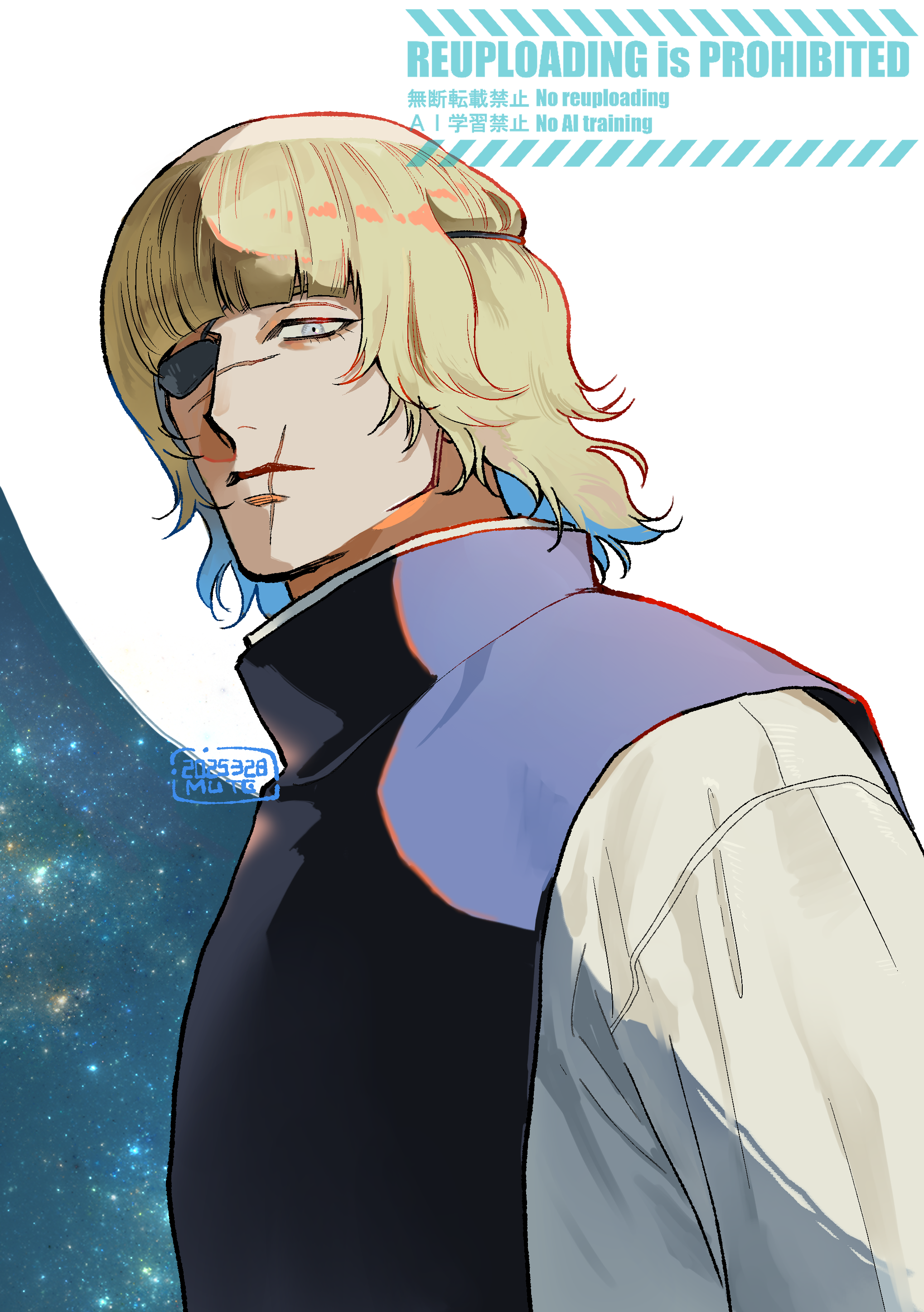 momoh jiyucho, badeni, chi.: chikyuu no undou ni tsuite, absurdres, highres, 1boy, blonde hair, closed mouth, expressionless, eyepatch, grey eyes, looking at viewer, male focus, scar, scar on face, scar on mouth, scar on nose, shirt, short hair, signature, solo, upper body, white shirt