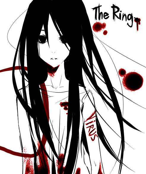 twilightmia, yamamura sadako, the ring, 1girl, black hair, blood, female focus, ghost, solo, virus