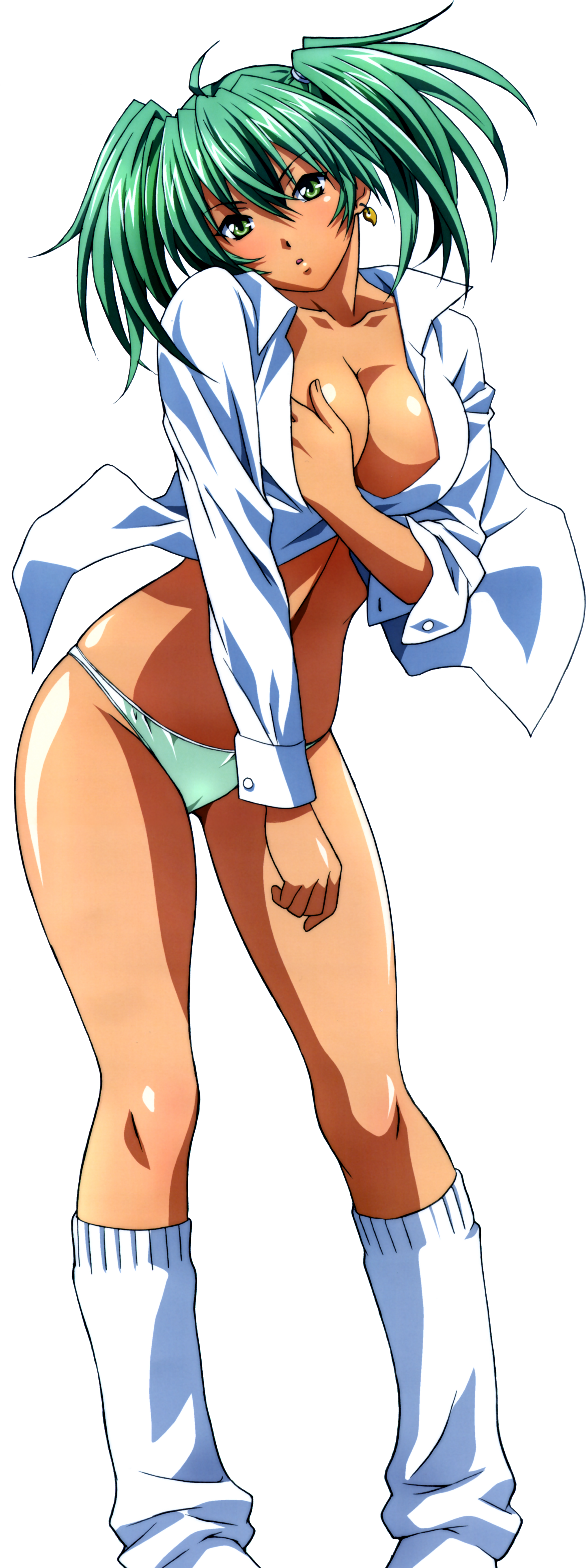 rin-sin, ryofu housen, ikkitousen, ikkitousen great guardians, absurdres, highres, long image, tall image, 00s, 1girl, ahoge, breasts, cleavage, dress shirt, earrings, female focus, green eyes, green hair, green panties, head tilt, jewelry, large breasts, loose socks, magatama, magatama earrings, matching hair/eyes, open clothes, open shirt, panties, shirt, socks, solo, stick poster, twintails, underwear