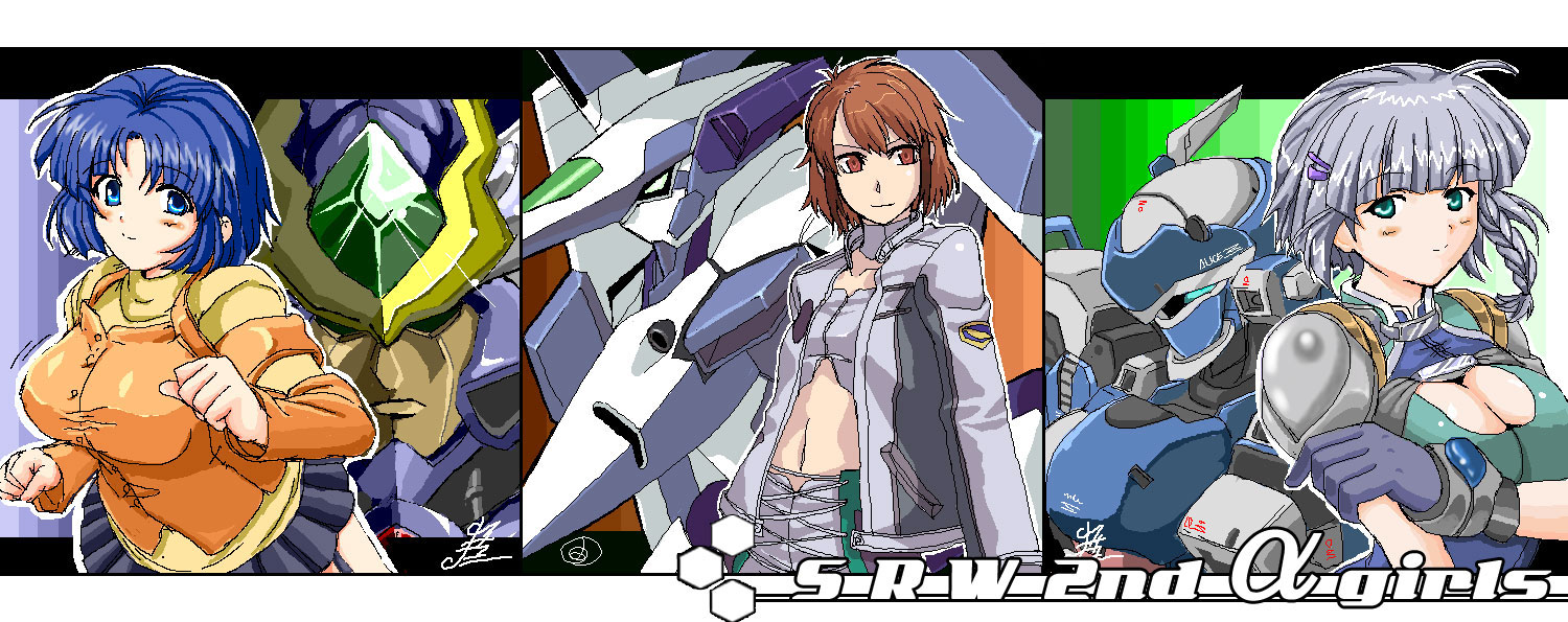 ibis douglas, kusuha mizuha, seolla schweizer, banpresto, super robot wars, silver hair, uniform, 2girls, blunt bangs, breasts, brown hair, green eyes, large breasts, long sleeves, looking at viewer, multiple girls, oekaki, purple hair, short hair