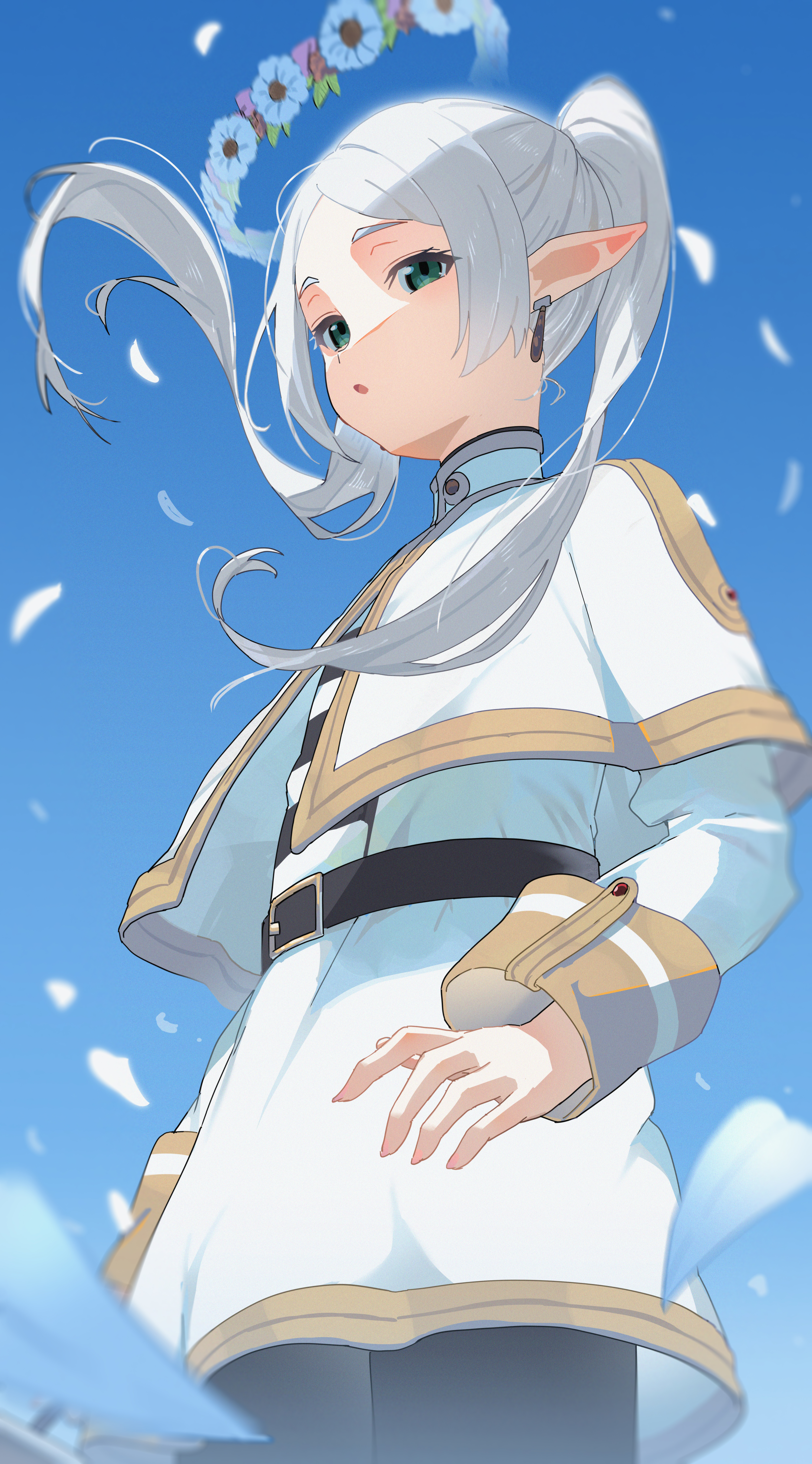 dunggeul dunggeul, frieren, sousou no frieren, absurdres, commentary, highres, 1girl, blue sky, dress, earrings, flower, jewelry, long hair, long sleeves, open mouth, outdoors, pointy ears, sky, solo, twintails, white dress, white hair