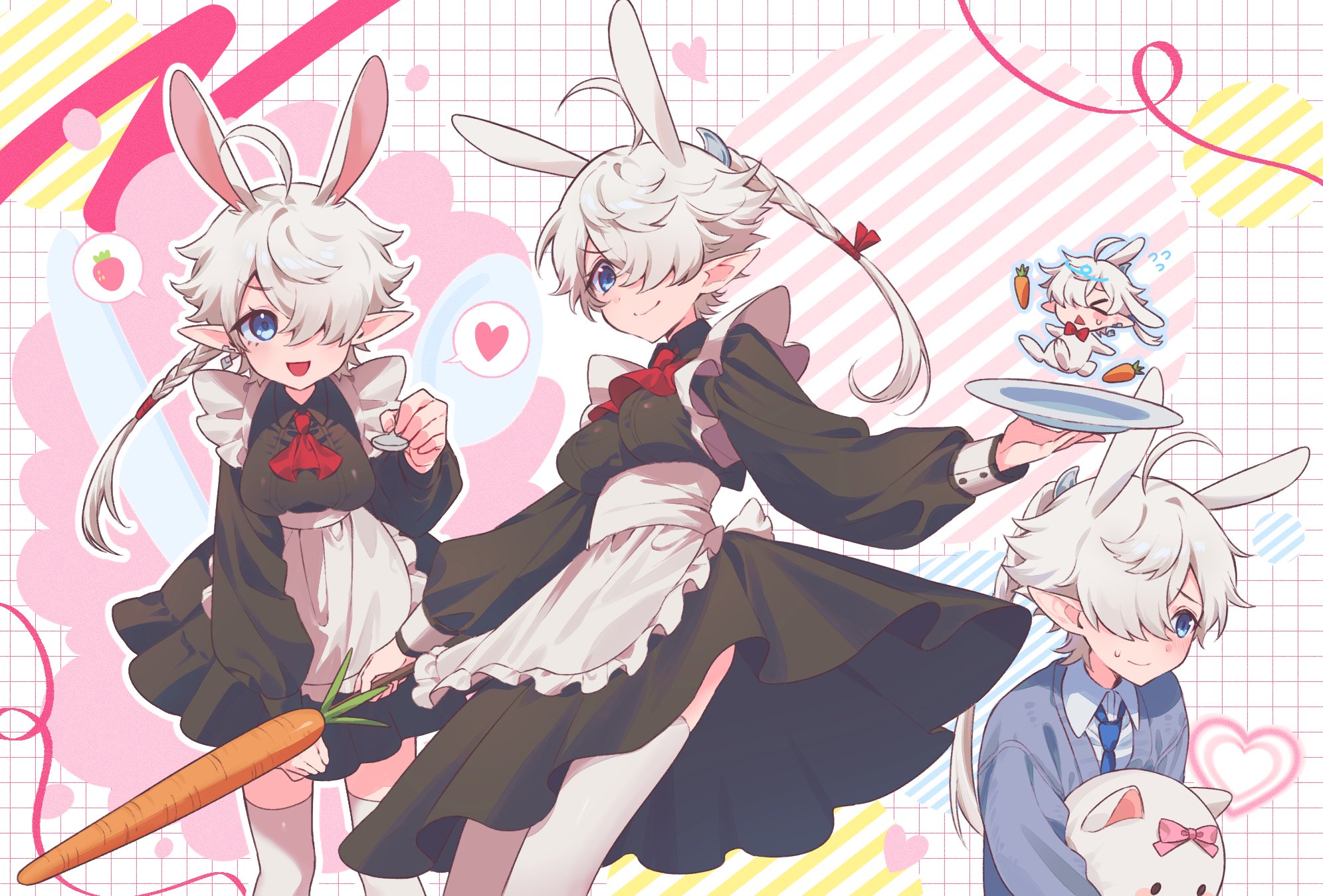 alisaie leveilleur, alphinaud leveilleur, final fantasy, final fantasy xiv, highres, > <, 1boy, 1girl, ahoge, alternate costume, animal ears, apron, ascot, black dress, blue eyes, braid, brother and sister, carrot, dress, earrings, elezen, elf, enmaided, grid background, hair over one eye, hair ribbon, heart, holding, holding plate, holding spoon, iiinarulil, jewelry, kemonomimi mode, long hair, looking at viewer, maid, multiple views, one eye covered, open mouth, outline, pink thighhighs, plate, pointy ears, ponytail, rabbit ears, red ascot, ribbon, siblings, single braid, single earring, smile, spoken food, spoken heart, spoon, standing, thighhighs, twins, white apron, white hair, white outline