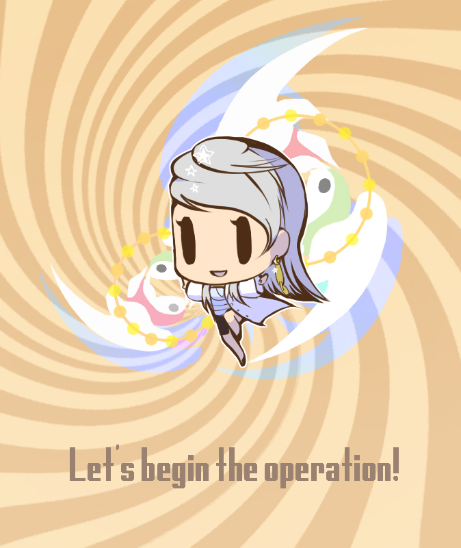aralez, mira kimishima, chou shittou caduceus, beige background, silver hair, bad id, bad pixiv id, 1girl, :d, chibi, cloak, female focus, full body, long sleeves, open mouth, simple background, smile, solo, text focus, | |, || ||