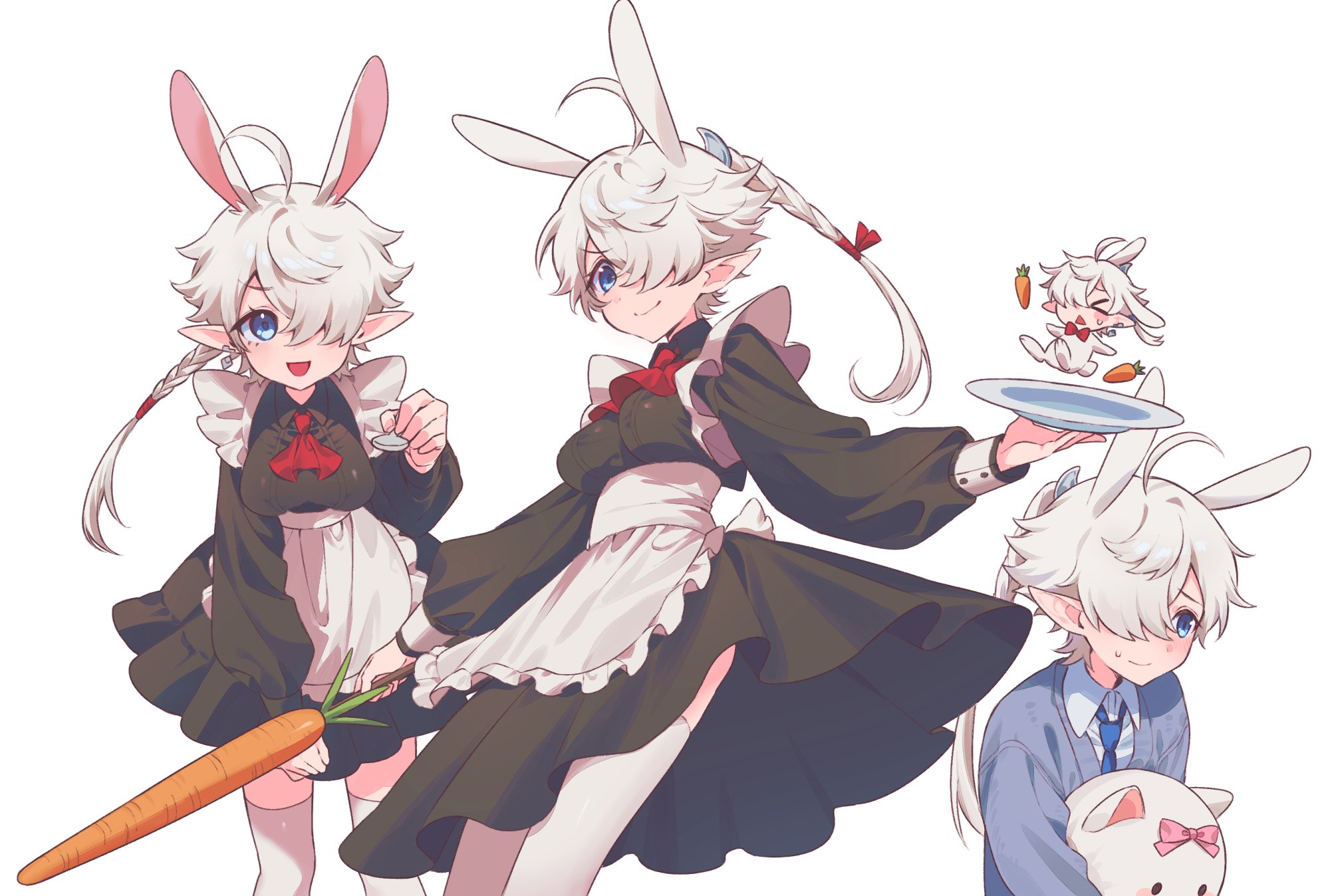 alisaie leveilleur, alphinaud leveilleur, final fantasy, final fantasy xiv, highres, > <, 1boy, 1girl, ahoge, alternate costume, animal ears, apron, ascot, black dress, blue eyes, braid, brother and sister, carrot, dress, earrings, elezen, elf, enmaided, hair over one eye, hair ribbon, holding, holding plate, holding spoon, iiinarulil, jewelry, kemonomimi mode, long hair, looking at viewer, maid, multiple views, one eye covered, open mouth, pink thighhighs, plate, pointy ears, ponytail, rabbit ears, red ascot, ribbon, siblings, simple background, single braid, single earring, smile, spoon, standing, thighhighs, twins, white apron, white background, white hair