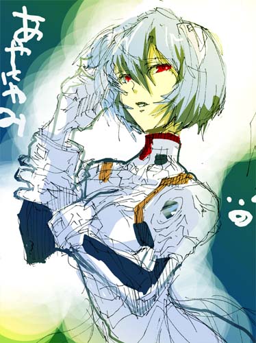 ayanami rei, neon genesis evangelion, lowres, blue hair, mecha pilot suit, pale skin, plugsuit (evangelion), red eyes, short hair, sketch, solo