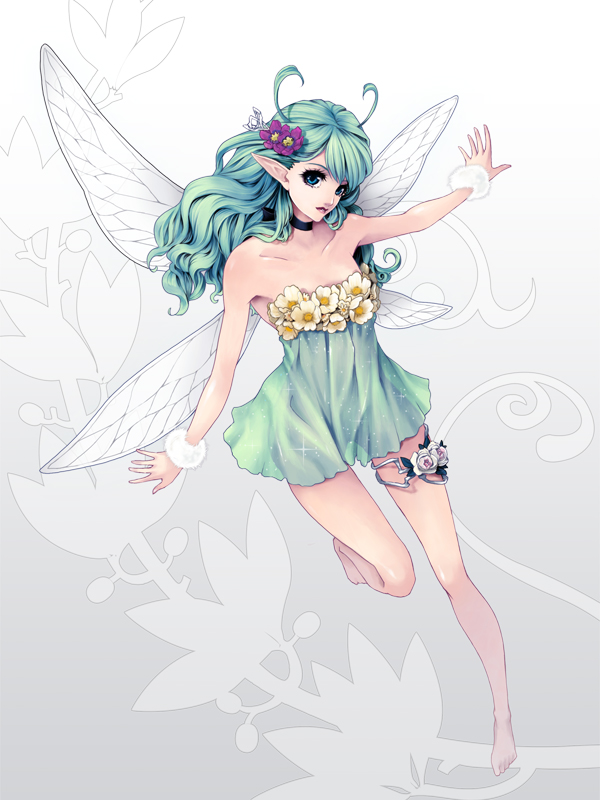 kunishige keiichi, original, 1girl, antennae, aqua dress, bare shoulders, barefoot, blue eyes, choker, dress, fairy, fairy wings, female focus, flower, full body, gradient background, green hair, hair flower, hair ornament, leg up, legs, lips, lipstick, long hair, makeup, outstretched arms, pointy ears, see-through clothes, short dress, solo, spread arms, strapless, strapless dress, swept bangs, wavy hair, wings, wrist cuffs