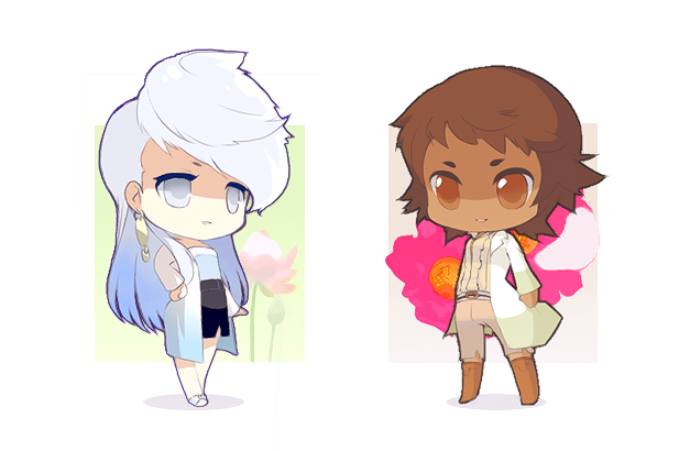 aralez, mira kimishima, valerie blaylock, chou shittou caduceus, bad id, bad pixiv id, 2girls, brown hair, chibi, expressionless, jacket, long sleeves, looking at viewer, multiple girls, open clothes, open jacket, red eyes, shaded face, short hair, simple background, standing, white background