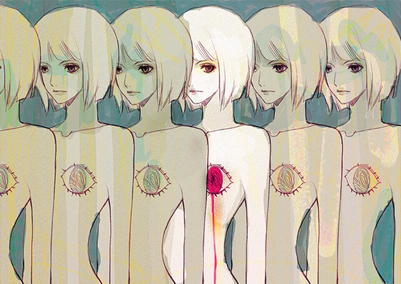 kidchan, original, 6+girls, abstract, blood, clone, eye focus, multiple girls, nude, short hair, surreal