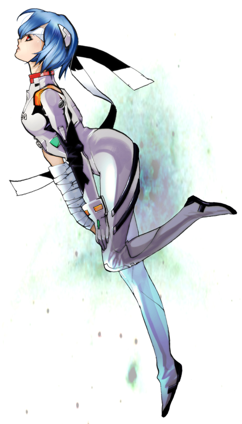 yurizuka (sergeant heart), ayanami rei, neon genesis evangelion, bad id, bad pixiv id, bandages, blue hair, mecha pilot suit, plugsuit (evangelion), red eyes, short hair, solo