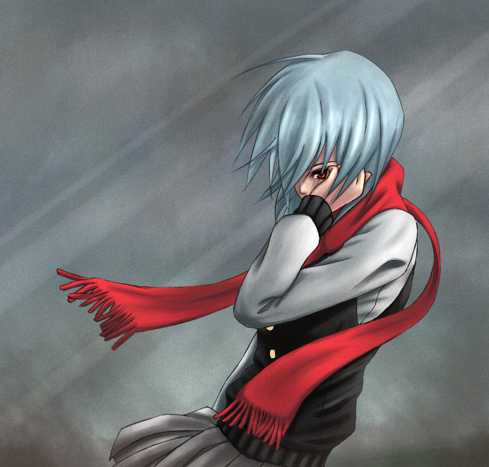 ayanami rei, neon genesis evangelion, blue hair, casual, coat, red eyes, scarf, short hair, solo