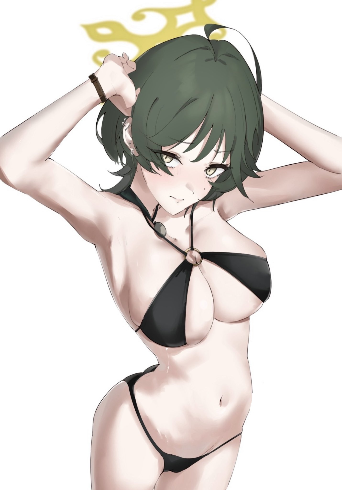 diksiuw, fuyu (blue archive), blue archive, commentary request, highres, 1girl, alternate costume, arms up, bikini, black bikini, blush, breasts, cowboy shot, green hair, grey eyes, halo, large breasts, looking at viewer, mole, mole on cheek, navel, o-ring, o-ring bikini, o-ring top, simple background, solo, standing, stomach, swimsuit, white background