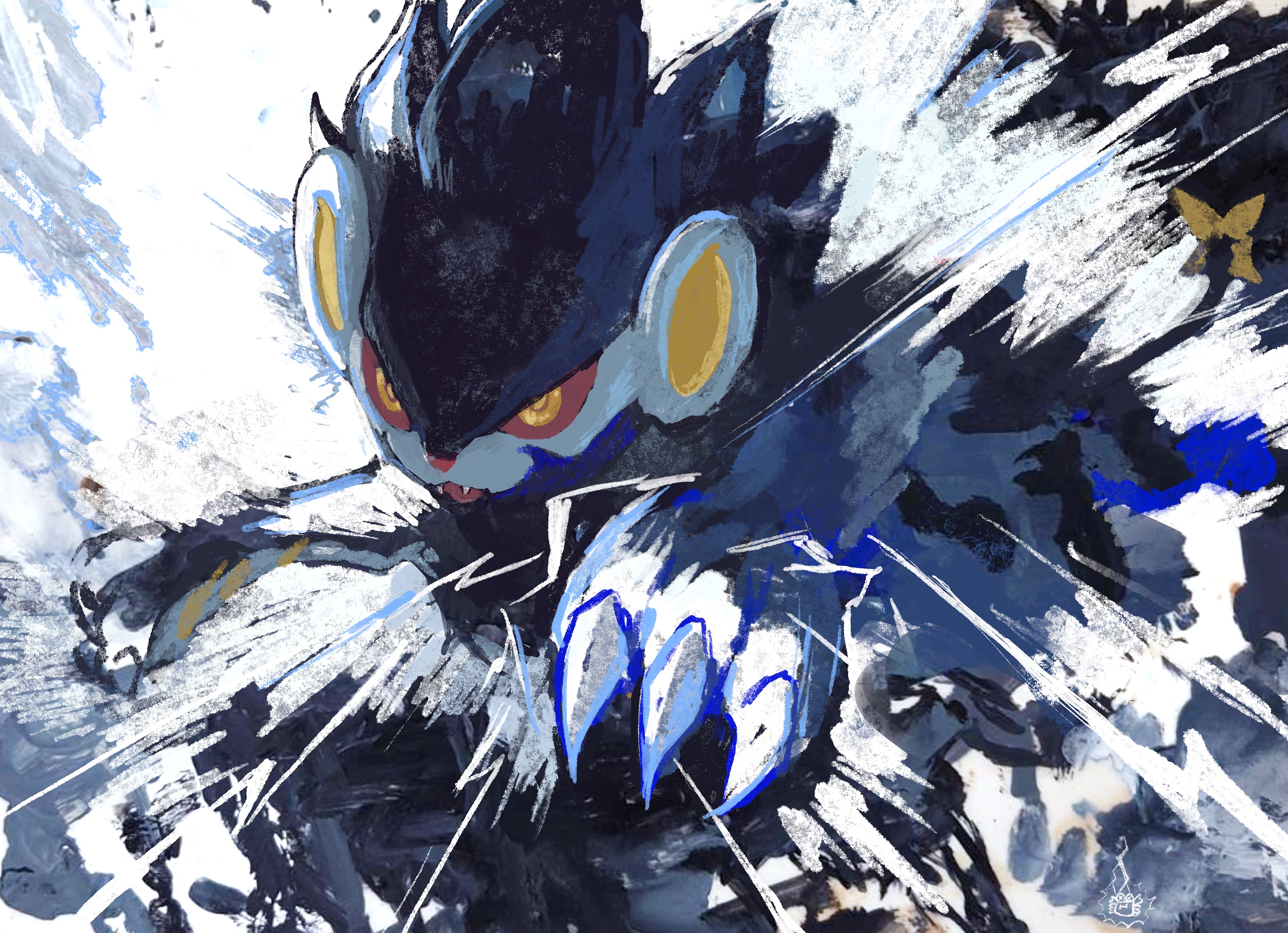 hai bokusha, luxray, nintendo, pokemon, commentary request, highres, animal ears, claws, colored sclera, electricity, fangs, gen 4 pokemon, no humans, open mouth, pokemon (creature), pokemon focus, red sclera, solo, v-shaped eyes, yellow eyes, yellow pupils
