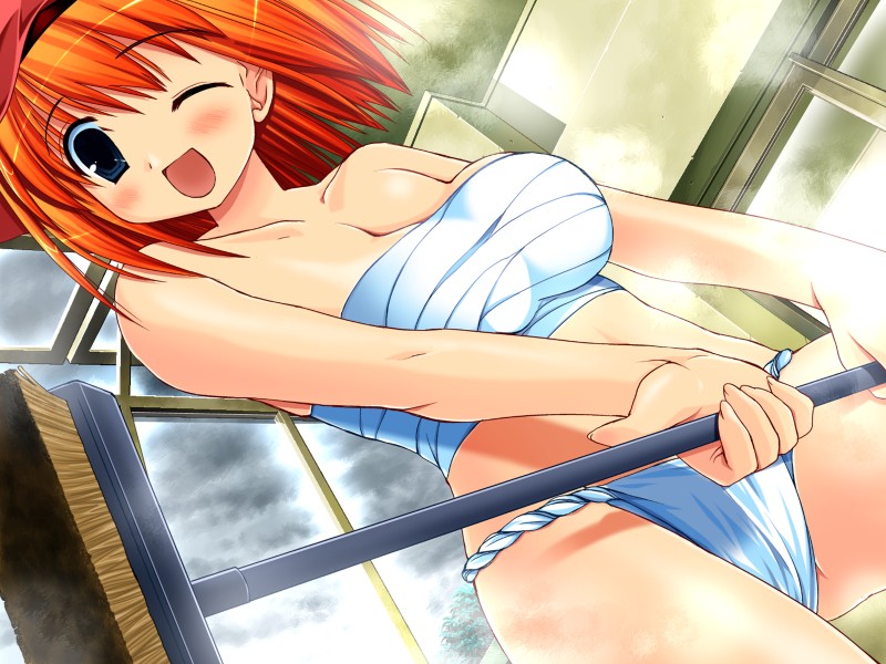 miyasu risa, amamiya hiyoko, mahou wa ameiro?, game cg, 1girl, blue eyes, blush, breasts, broom, chest sarashi, female focus, fundoshi, japanese clothes, large breasts, one eye closed, orange hair, sarashi, short hair, solo, wink