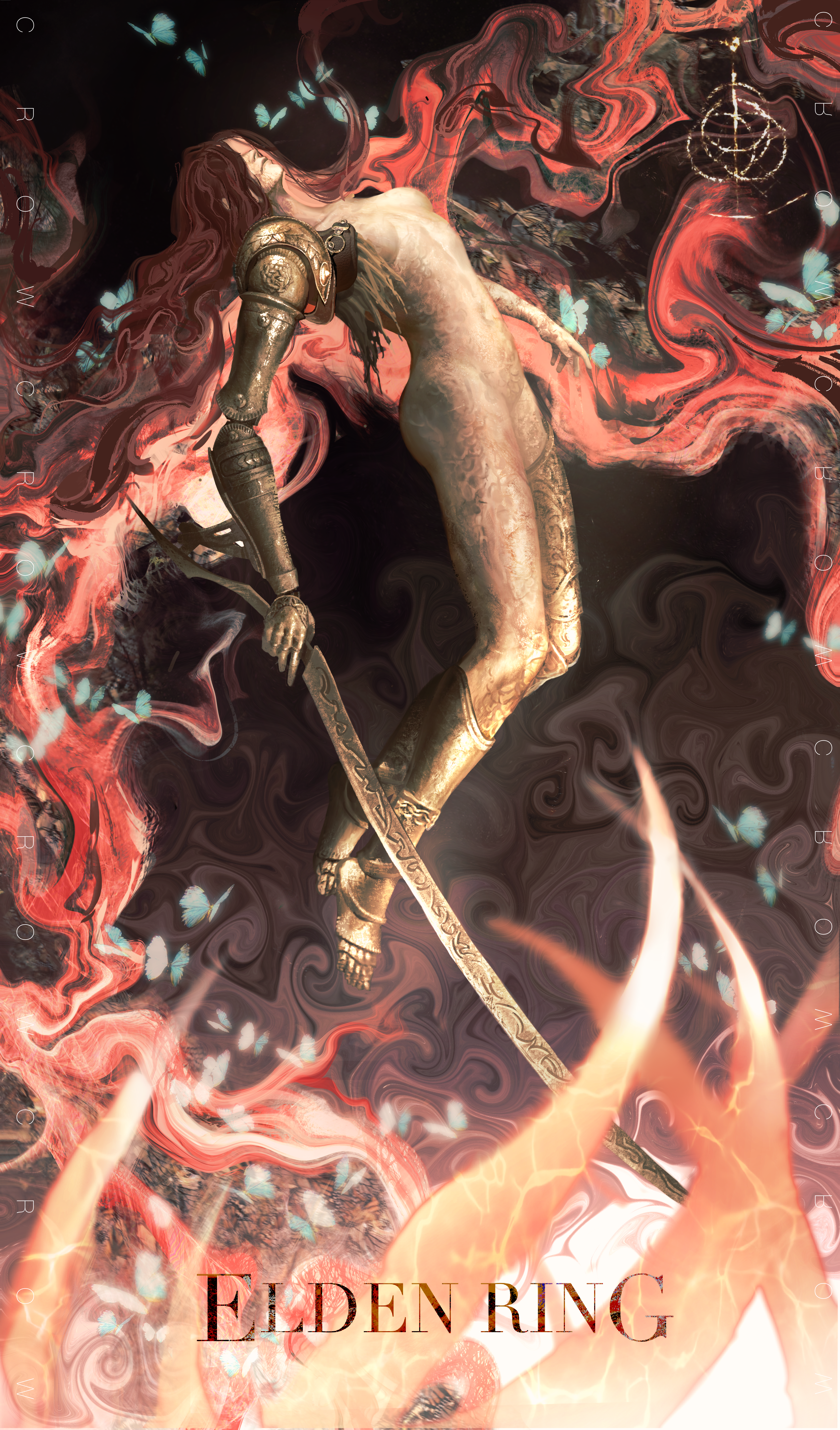 malenia blade of miquella, malenia goddess of rot, elden ring, absurdres, highres, 1girl, black background, blue butterfly, breasts, bug, butterfly, copyright name, covered eyes, from side, full body, holding, holding sword, holding weapon, insect, long hair, mechanical arms, mechanical legs, navel, nude, prosthesis, prosthetic arm, prosthetic leg, realistic, red hair, single mechanical arm, solo, sword, very long hair, wavy hair, weapon, ziheng639