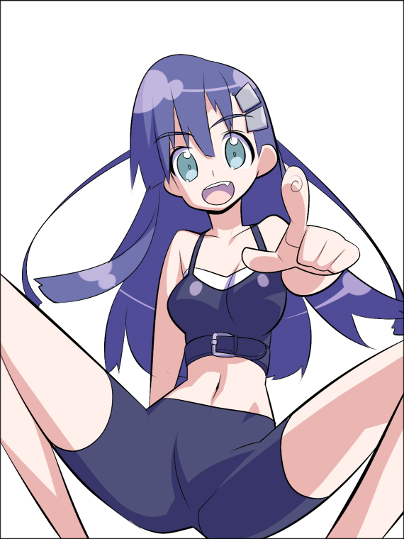 tensugi takashi, kiyal bachika, tengen toppa gurren lagann, bad id, bad pixiv id, 00s, bike shorts, blue eyes, blue hair, fang, long hair, midriff, pointing, purple hair, solo