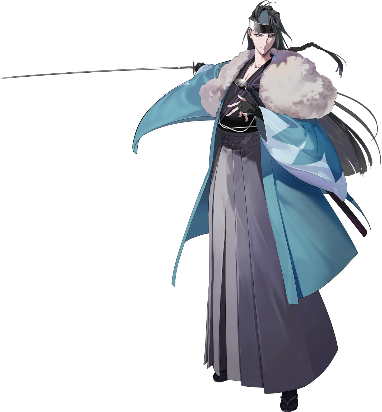 fate/grand order, fate (series), highres, official art, third-party source, 1boy, aqua haori, black gloves, black hair, black kimono, braid, fingerless gloves, fur trim, gloves, hakama, haori, headband, holding, holding sword, holding weapon, japanese clothes, katana, kimono, kondou isami (fate), long hair, male focus, sandals, sheath, single braid, skirt, smile, socks, solo, standing, sword, tachi-e, transparent background, weapon, wide sleeves