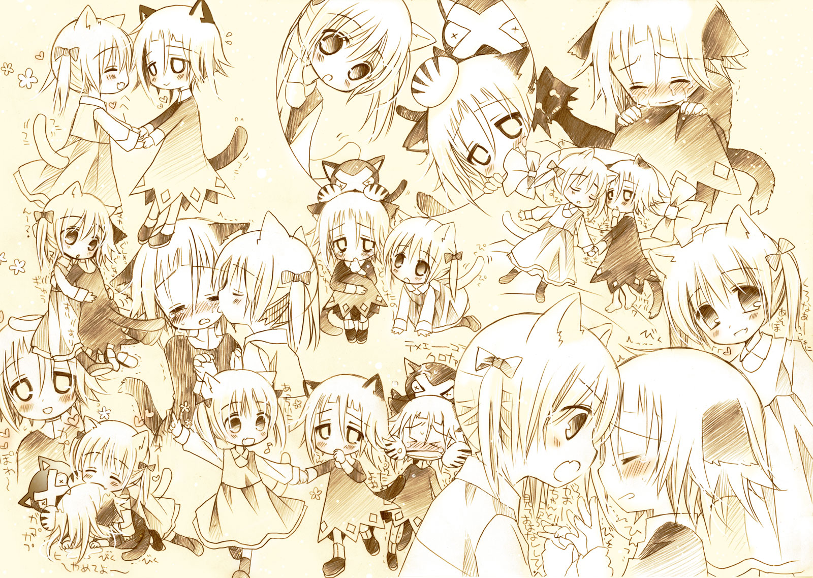 sakurazawa izumi, crona (soul eater), maka albarn, soul eater, highres, 00s, 1girl, aged down, androgynous, animal ears, blush, cat ears, cat tail, fang, monochrome, short hair, tail, twintails, yellow theme