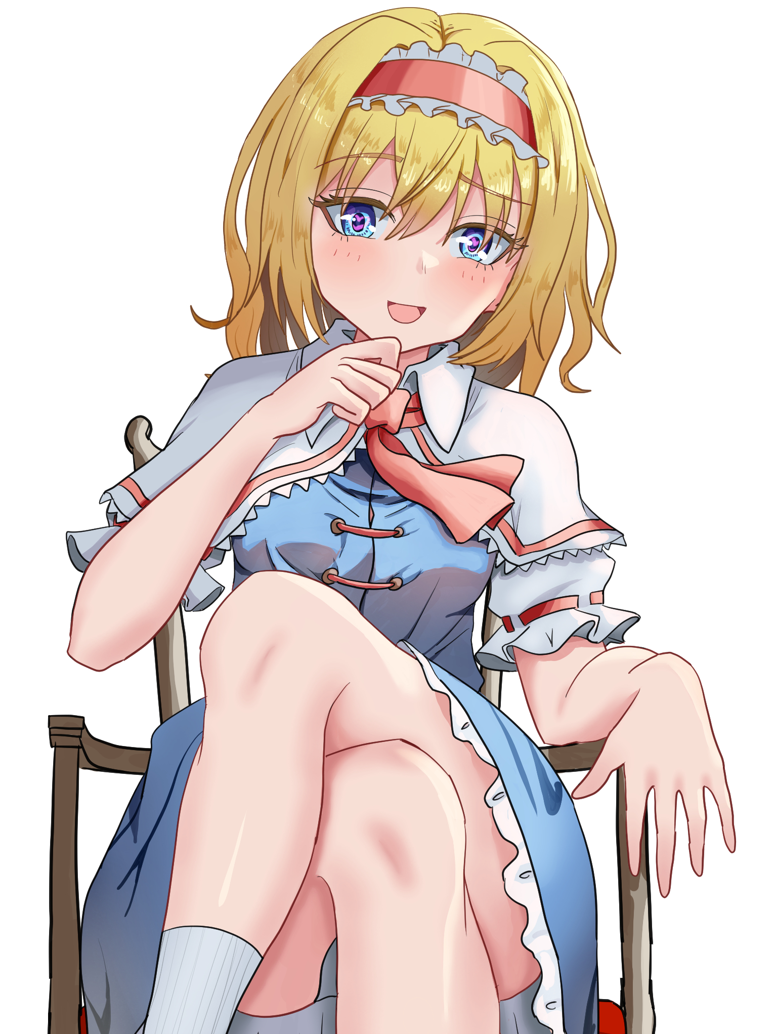 alice margatroid, touhou, commentary, highres, 1girl, ascot, blonde hair, blue dress, blue eyes, chair, crossed legs, dress, frilled dress, frilled hairband, frills, hairband, kiyo (tomoki6107), looking at viewer, on chair, open mouth, red ascot, red hairband, short hair, simple background, sitting, solo, white background