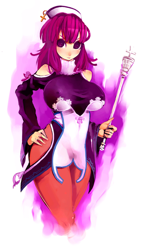aco (koaya ako), prier, la pucelle, nippon ichi, breasts, covered erect nipples, hip focus, huge breasts, long hair, pantyhose, pink eyes, pink hair, scepter, solo, wand, wide hips