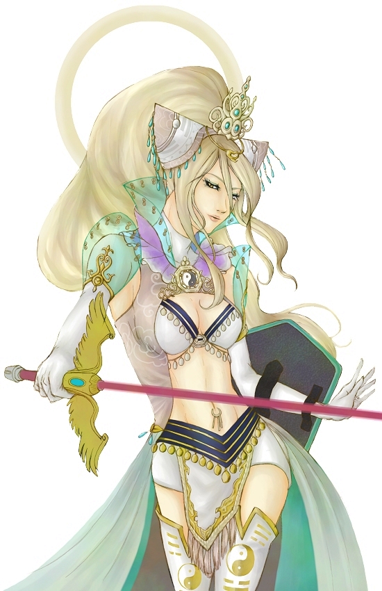 sakazuki (artist), sakazuki (ikaryoisari), nu wa, musou orochi, musou orochi 2, 1girl, bikini, bikini top only, blonde hair, breasts, cleavage, crown, dress, elbow gloves, female focus, gloves, hair ornament, jewelry, large breasts, loincloth, long hair, midriff, navel, navel piercing, piercing, ponytail, see-through clothes, shield, solo, swimsuit, sword, thighhighs, turtleneck, weapon, white bikini, white thighhighs, wings, yin yang, zettai ryouiki